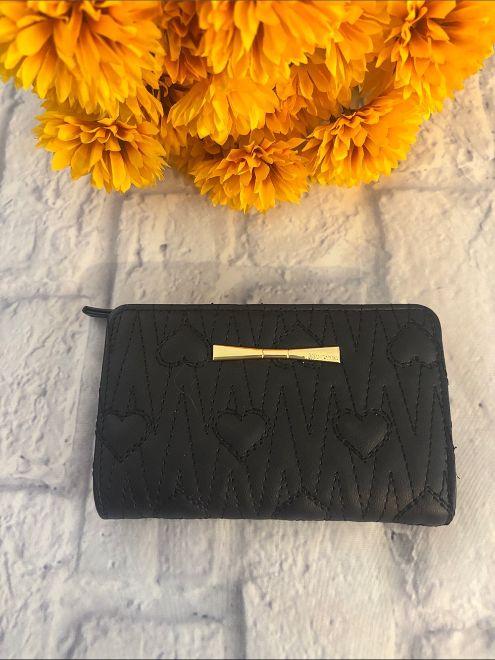 Betsey Johnson Black Quilted Heart Zip Wallet
